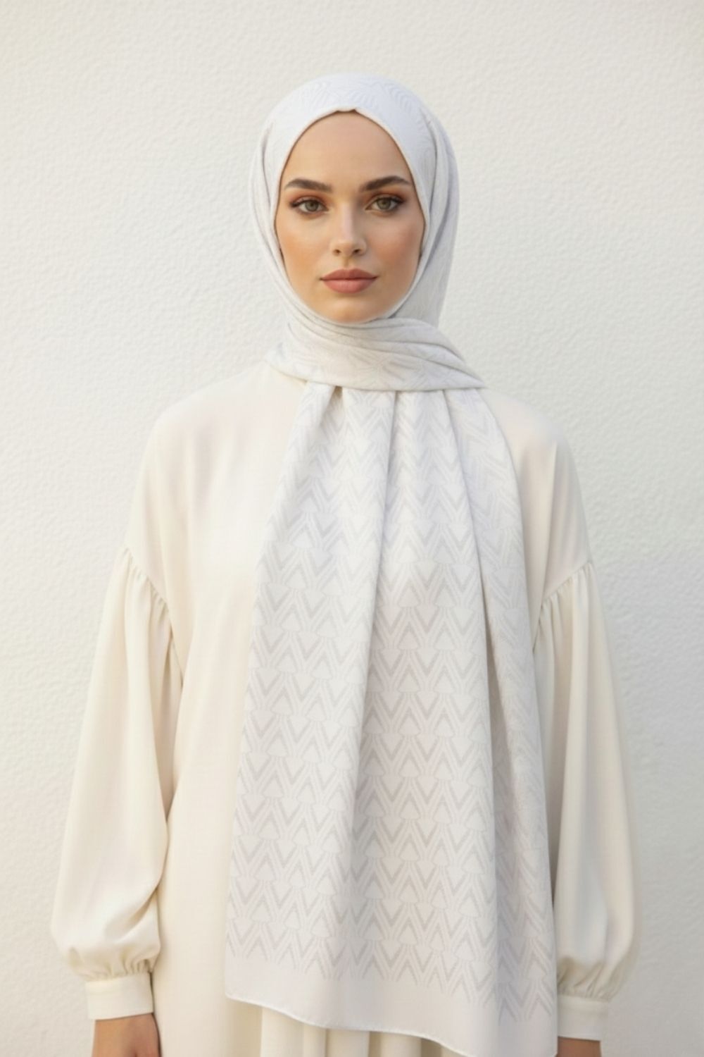 Mizalle & YAQAFiligran Desenli Jakarlı Beyaz Şal - 1