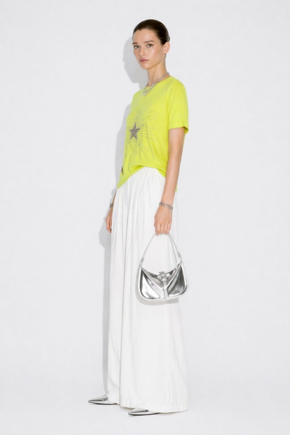 Mizalle Yıldız Boncuklu Oversize Sarı Tişört - 2