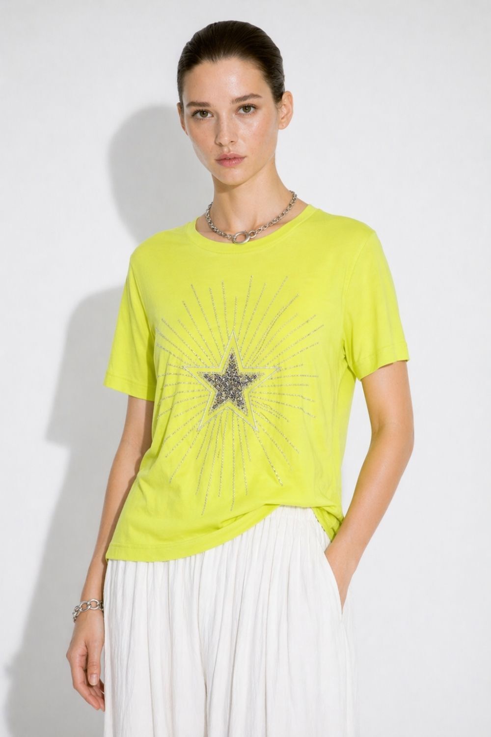 Mizalle Yıldız Boncuklu Oversize Sarı Tişört - 3