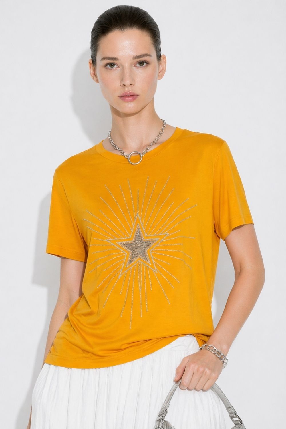 Mizalle Yıldız Boncuklu Oversize Turuncu Tişört - 2