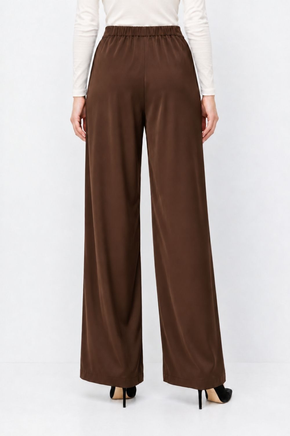 Mizalle Yüksek Bel Geniş Paça Kahverengi Saten Pantolon - 3