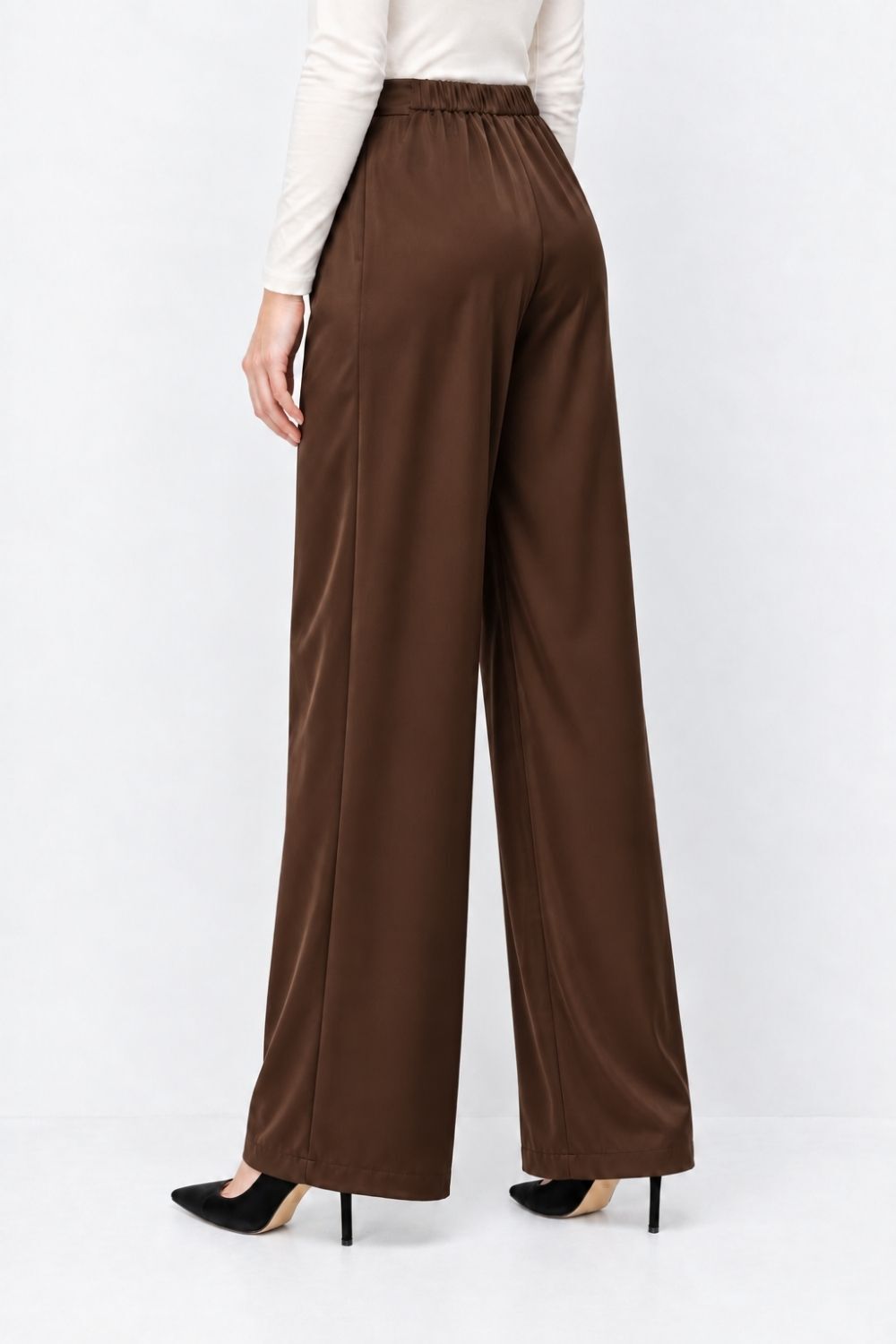 Mizalle Yüksek Bel Geniş Paça Kahverengi Saten Pantolon - 4