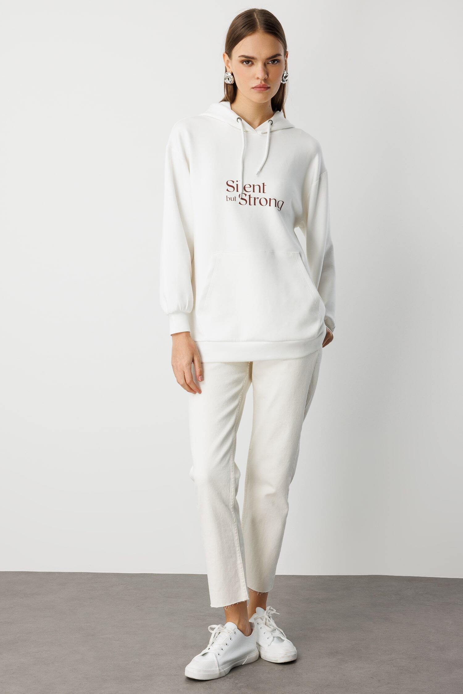 Mizalle Yumuşak Dokulu Kapüşonlu Ekru Sweatshirt - 2