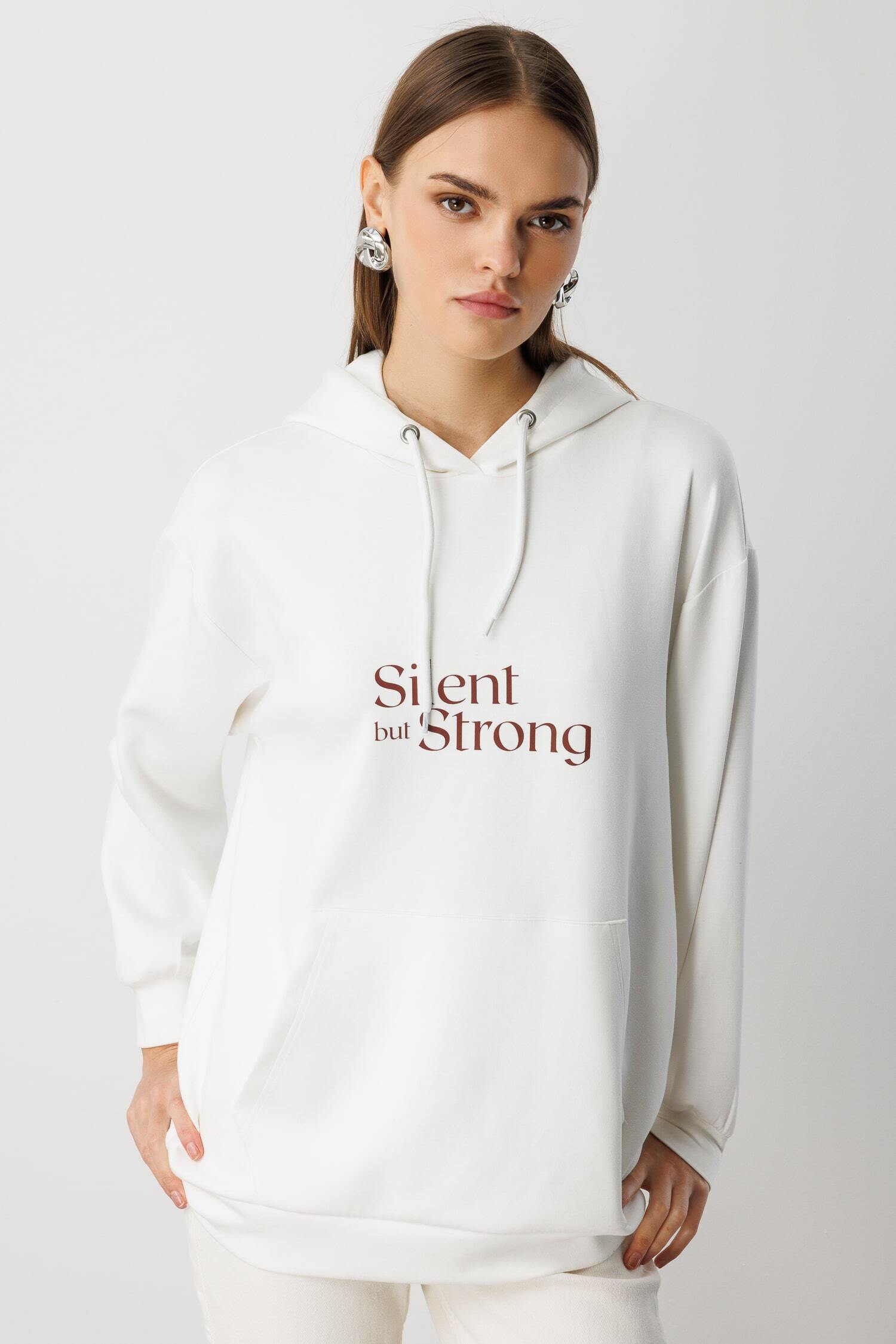 Mizalle Yumuşak Dokulu Kapüşonlu Ekru Sweatshirt - 1