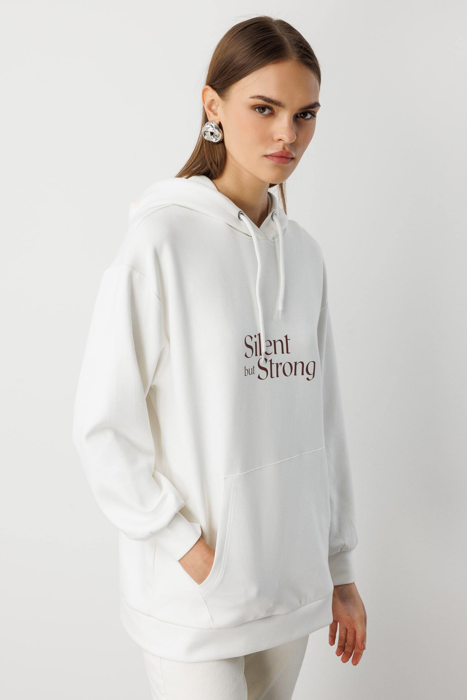 Mizalle Yumuşak Dokulu Kapüşonlu Ekru Sweatshirt - Mizalle