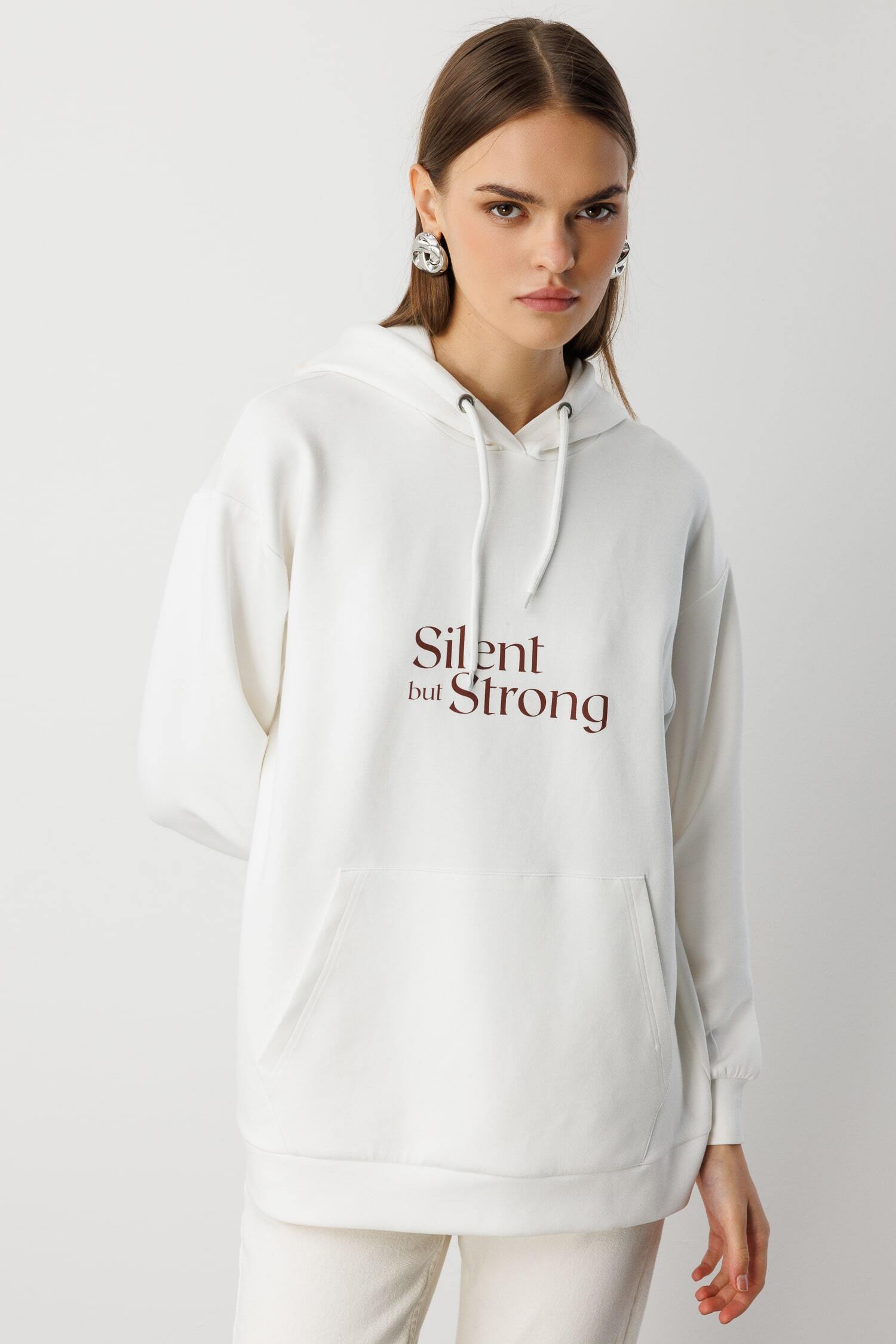 Mizalle Yumuşak Dokulu Kapüşonlu Ekru Sweatshirt - Mizalle