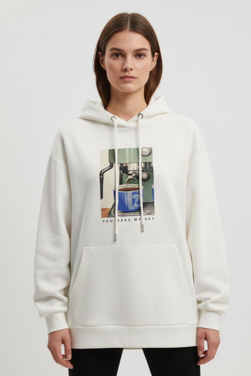 Mizalle Yumuşak Dokulu Kapüşonlu Grafik Baskılı Ekru Sweatshirt - 1