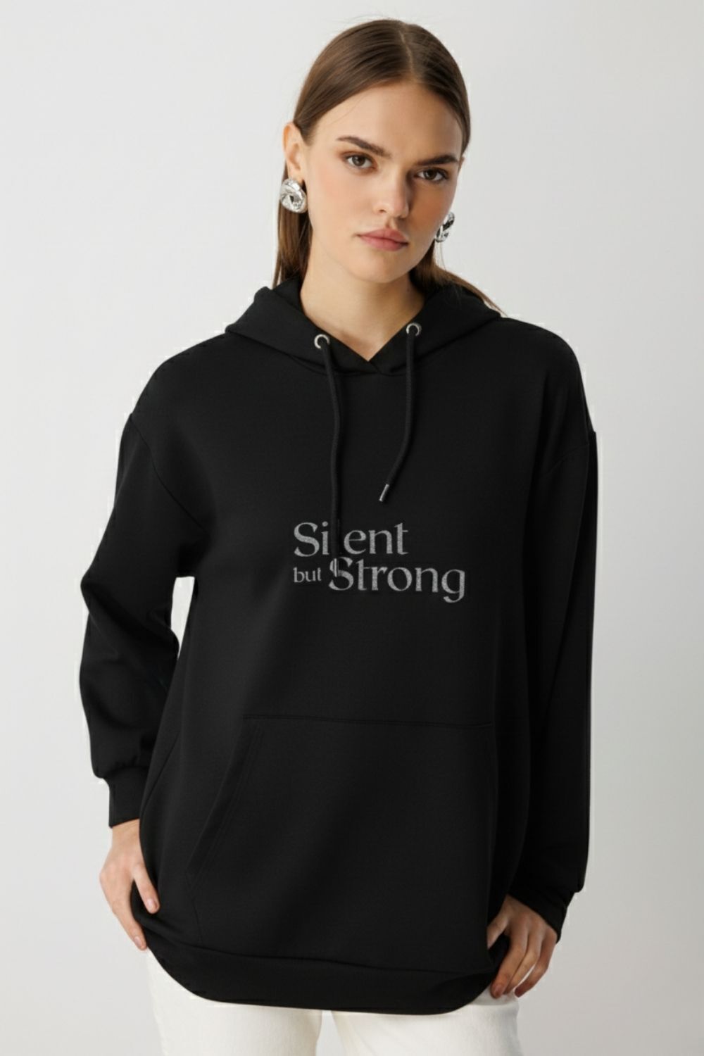 Mizalle Yumuşak Dokulu Kapüşonlu Siyah Sweatshirt - 2