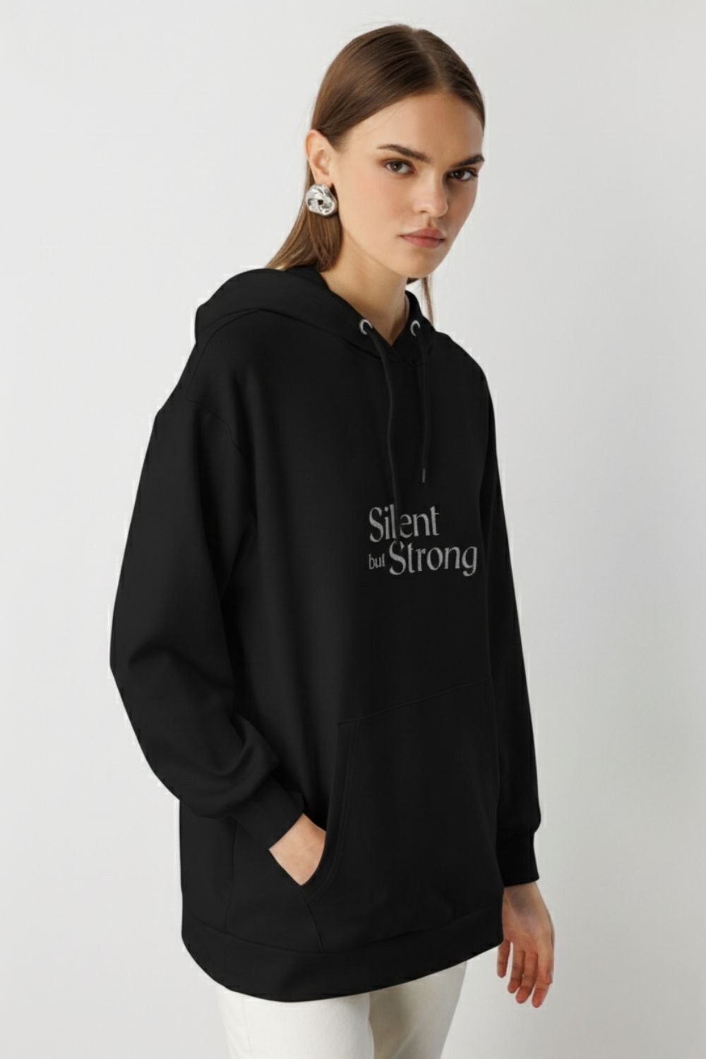 Mizalle Yumuşak Dokulu Kapüşonlu Siyah Sweatshirt - 3