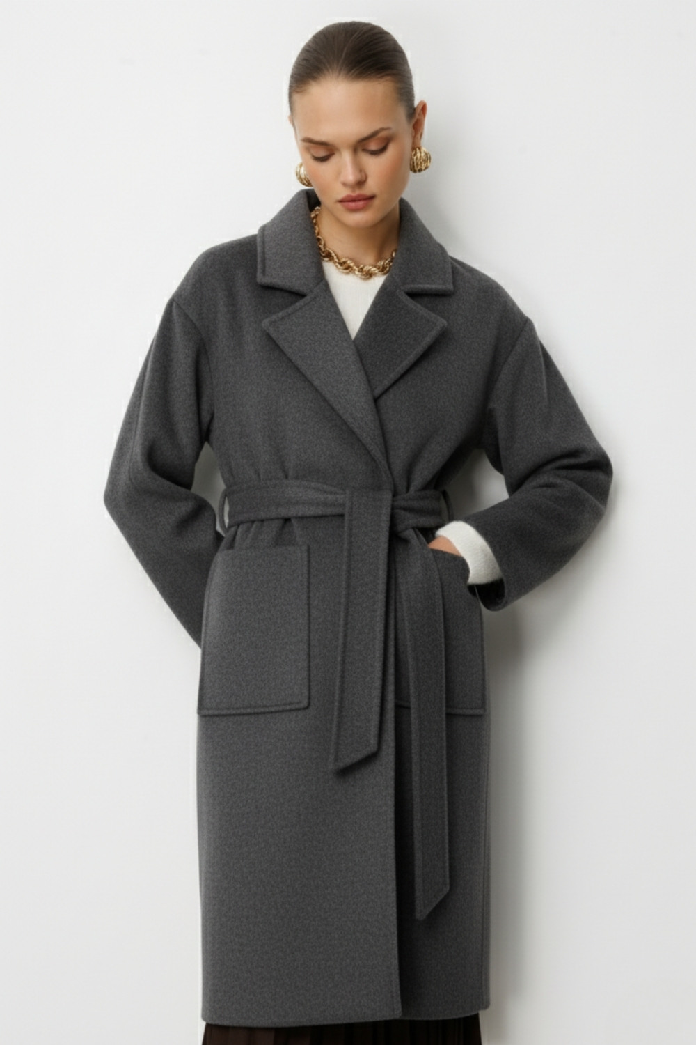 Mizalle Yünlü Kaşe Doku Torba Cepli Basic Antrasit Kaban Mizalle Yünlü Kaşe Doku Torba Cepli Basic Antrasit Kaban