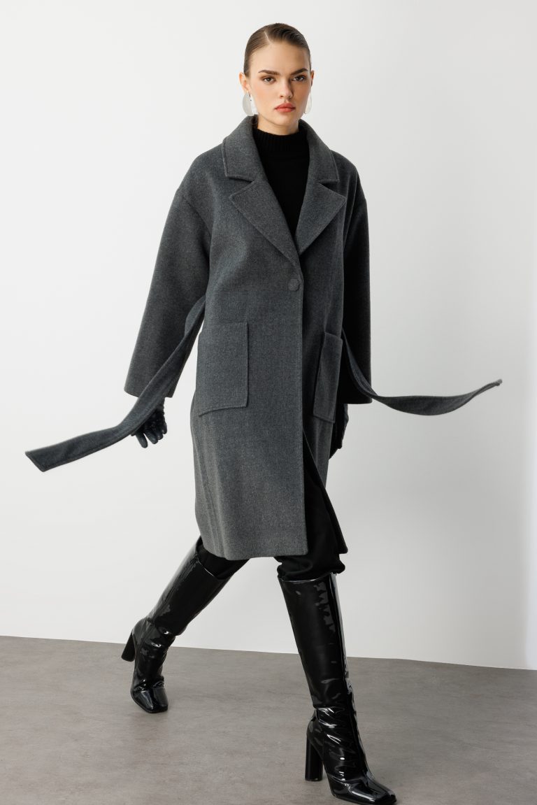 Mizalle Yünlü Kaşe Doku Torba Cepli Basic Antrasit Kaban - Mizalle