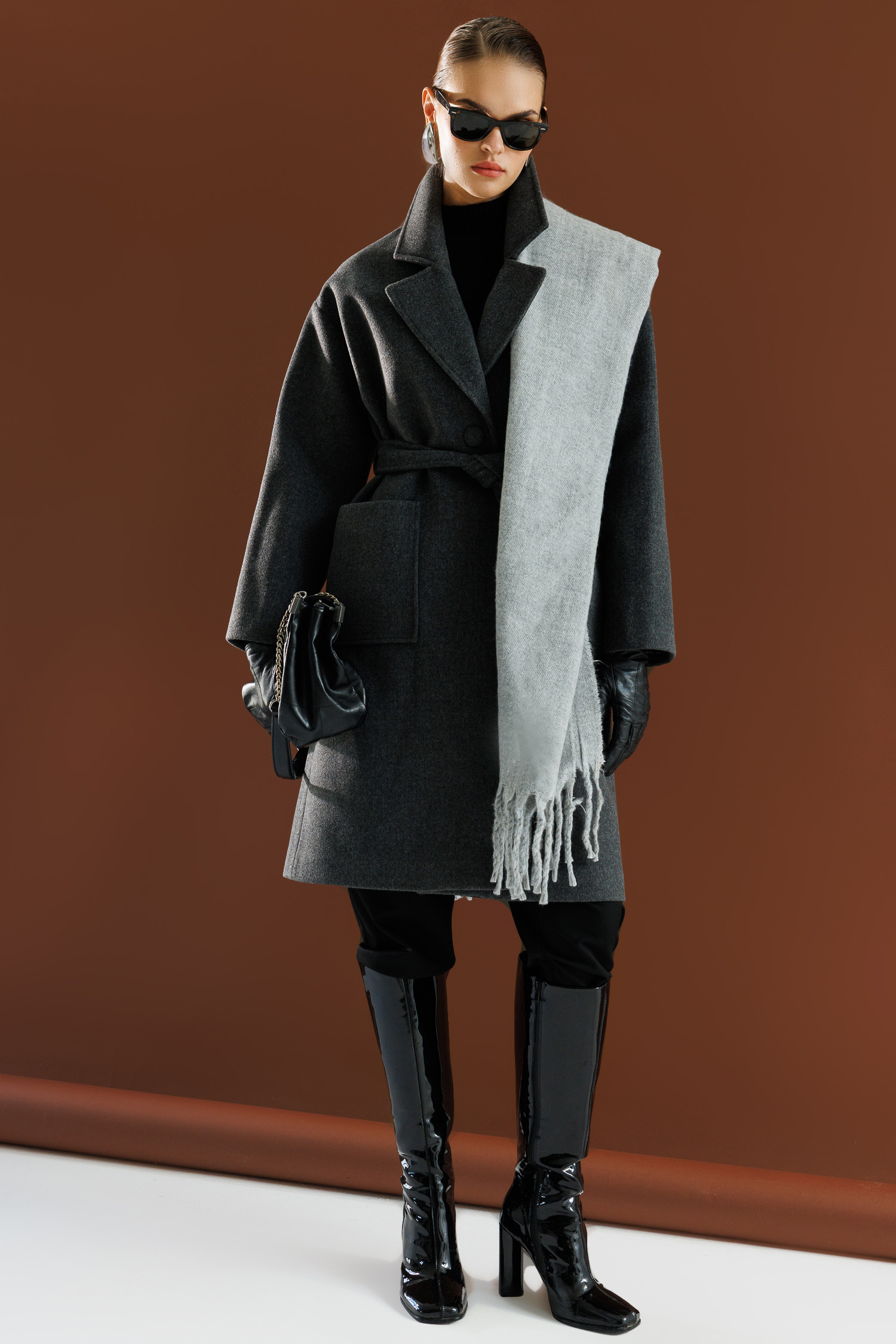 Mizalle Yünlü Kaşe Doku Torba Cepli Basic Antrasit Kaban - 6