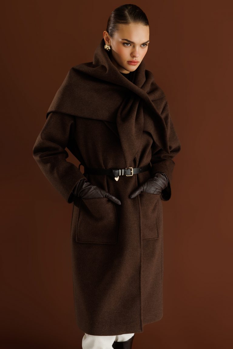 Mizalle Yünlü Kaşe Doku Torba Cepli Basic Kahverengi Kaban - Mizalle