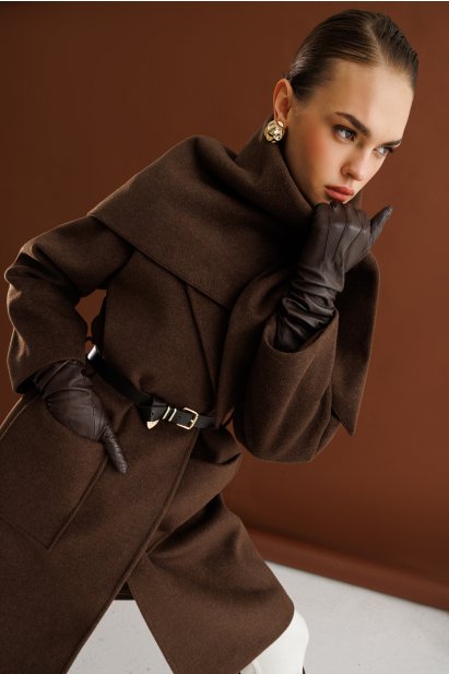 Mizalle Yünlü Kaşe Doku Torba Cepli Basic Kahverengi Kaban - Mizalle