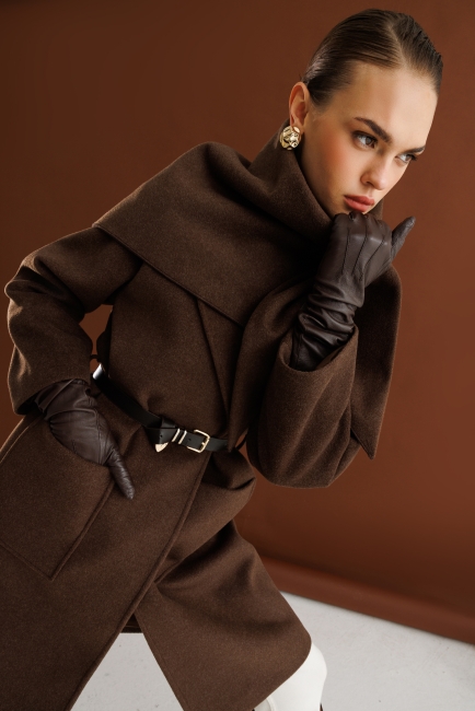 Mizalle - Mizalle Yünlü Kaşe Doku Torba Cepli Basic Kahverengi Kaban