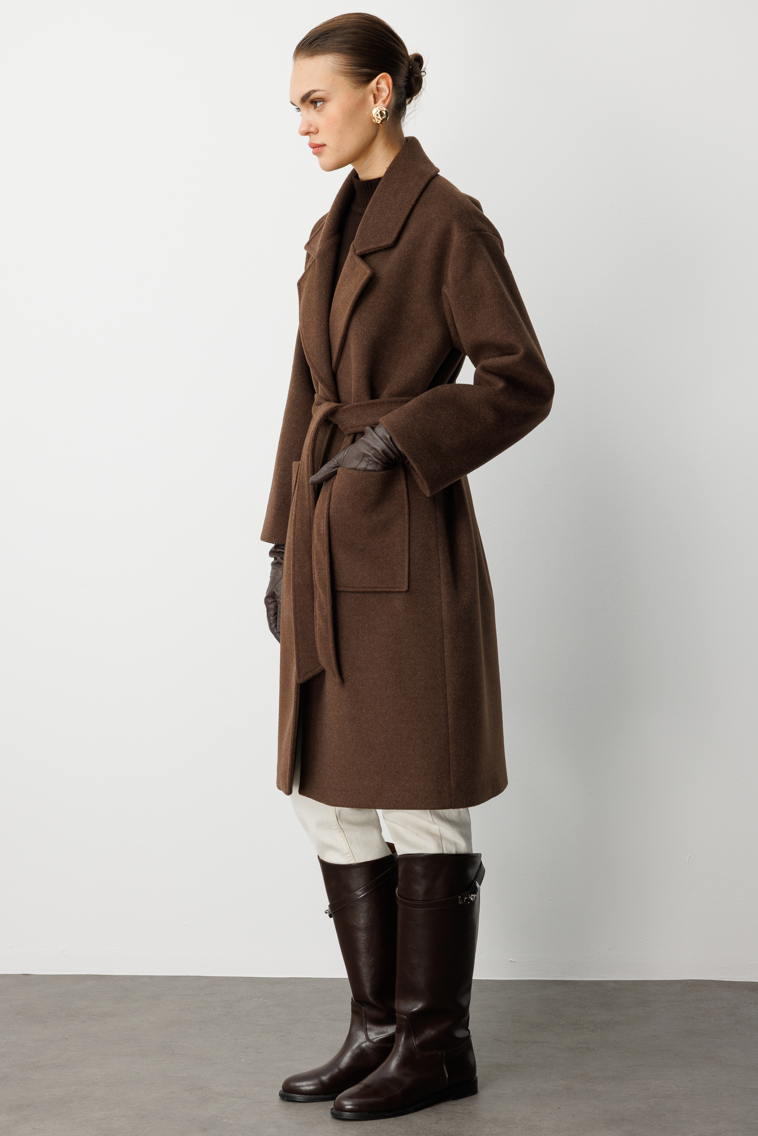 Mizalle Yünlü Kaşe Doku Torba Cepli Basic Kahverengi Kaban - 9