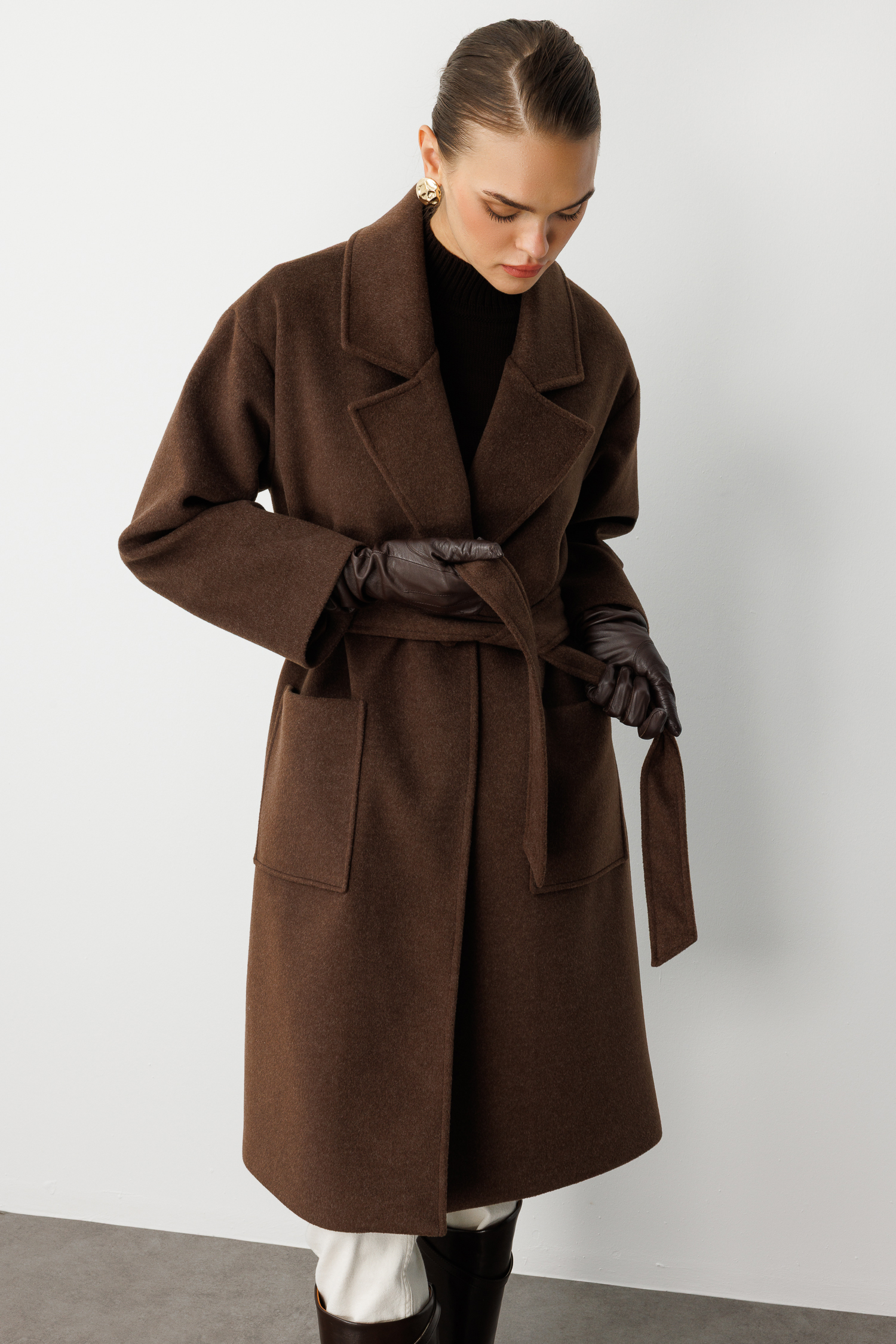 Mizalle Yünlü Kaşe Doku Torba Cepli Basic Kahverengi Kaban - 10