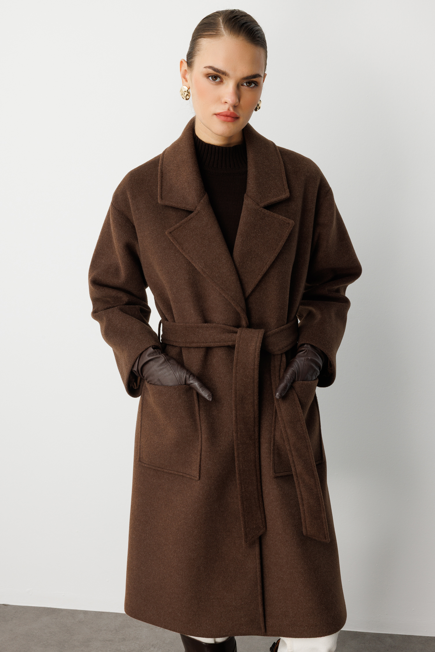 Mizalle Yünlü Kaşe Doku Torba Cepli Basic Kahverengi Kaban - 11