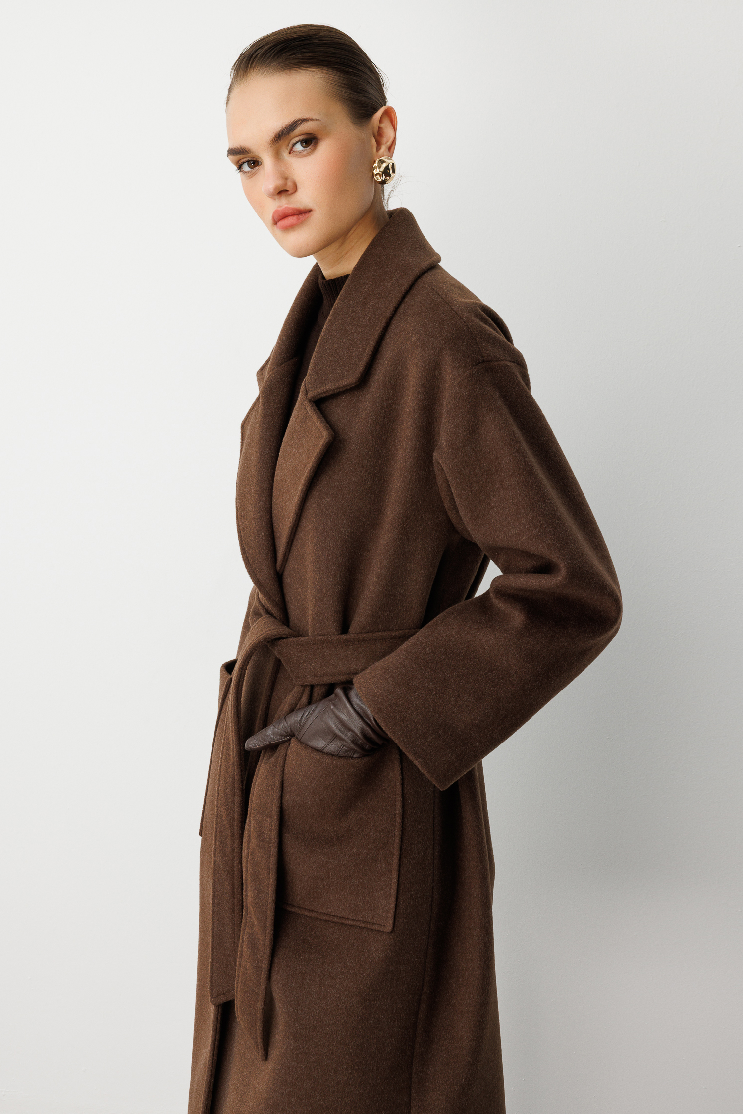 Mizalle Yünlü Kaşe Doku Torba Cepli Basic Kahverengi Kaban - 12