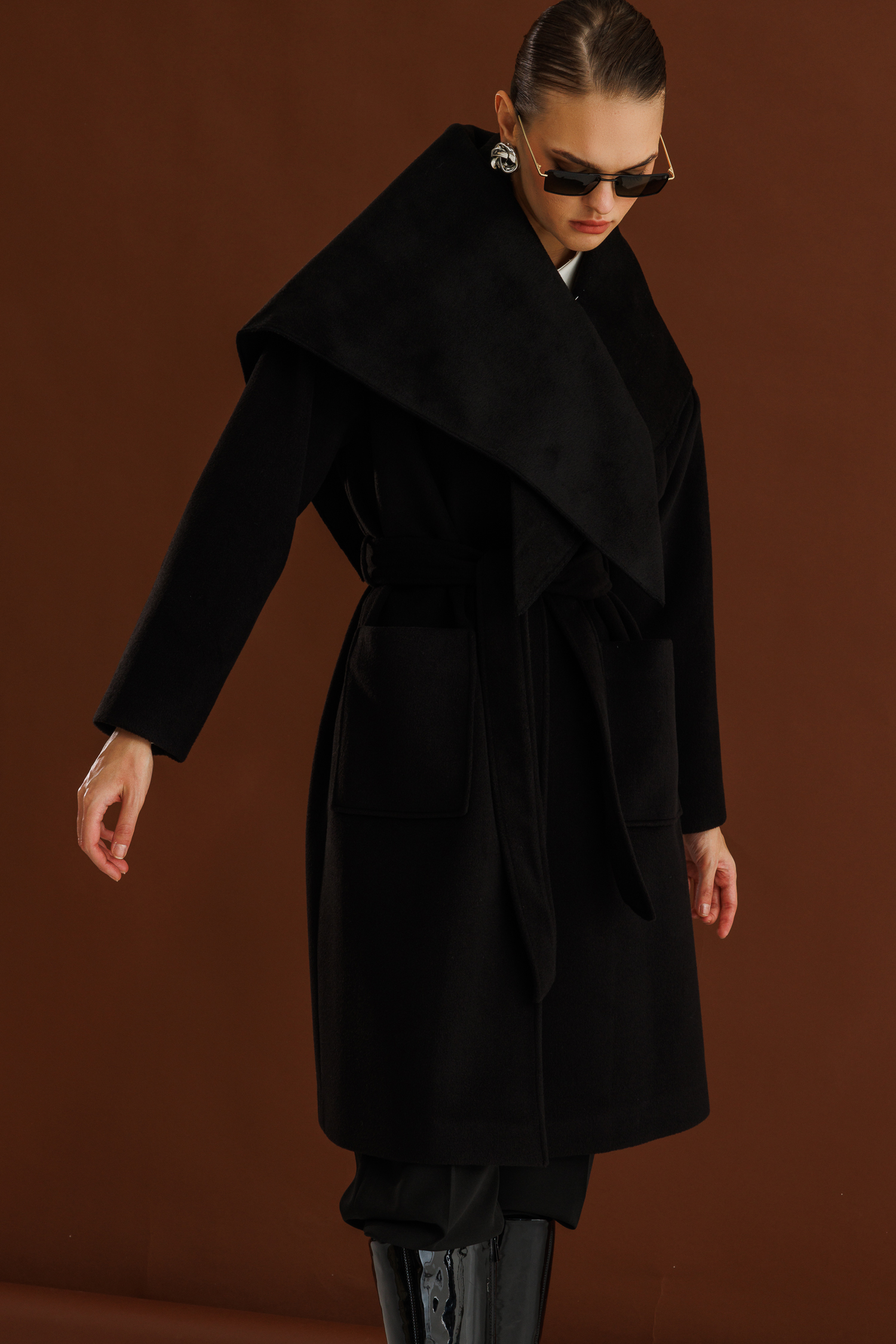 Mizalle - Mizalle Yünlü Kaşe Doku Torba Cepli Basic Siyah Kaban