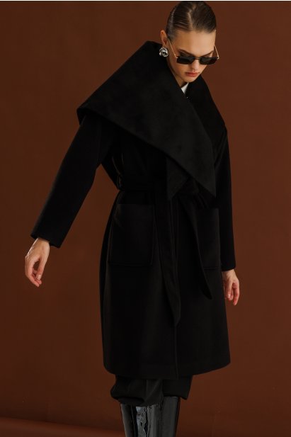 Mizalle Yünlü Kaşe Doku Torba Cepli Basic Siyah Kaban - Mizalle