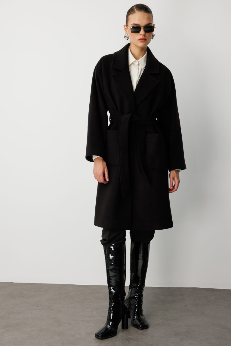 Mizalle Yünlü Kaşe Doku Torba Cepli Basic Siyah Kaban - Mizalle