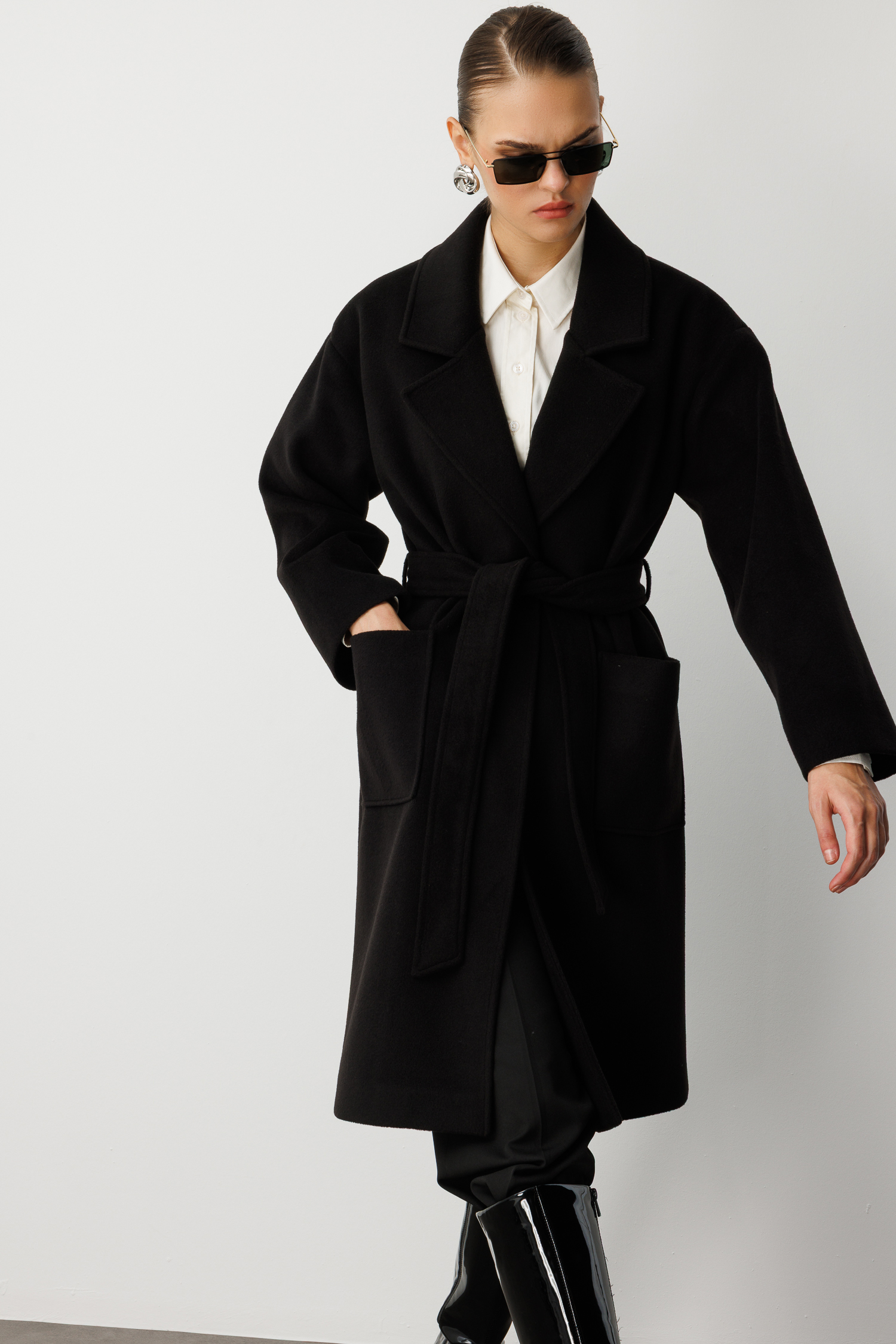 Mizalle Yünlü Kaşe Doku Torba Cepli Basic Siyah Kaban - Mizalle