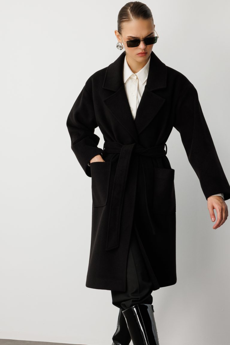 Mizalle Yünlü Kaşe Doku Torba Cepli Basic Siyah Kaban - Mizalle