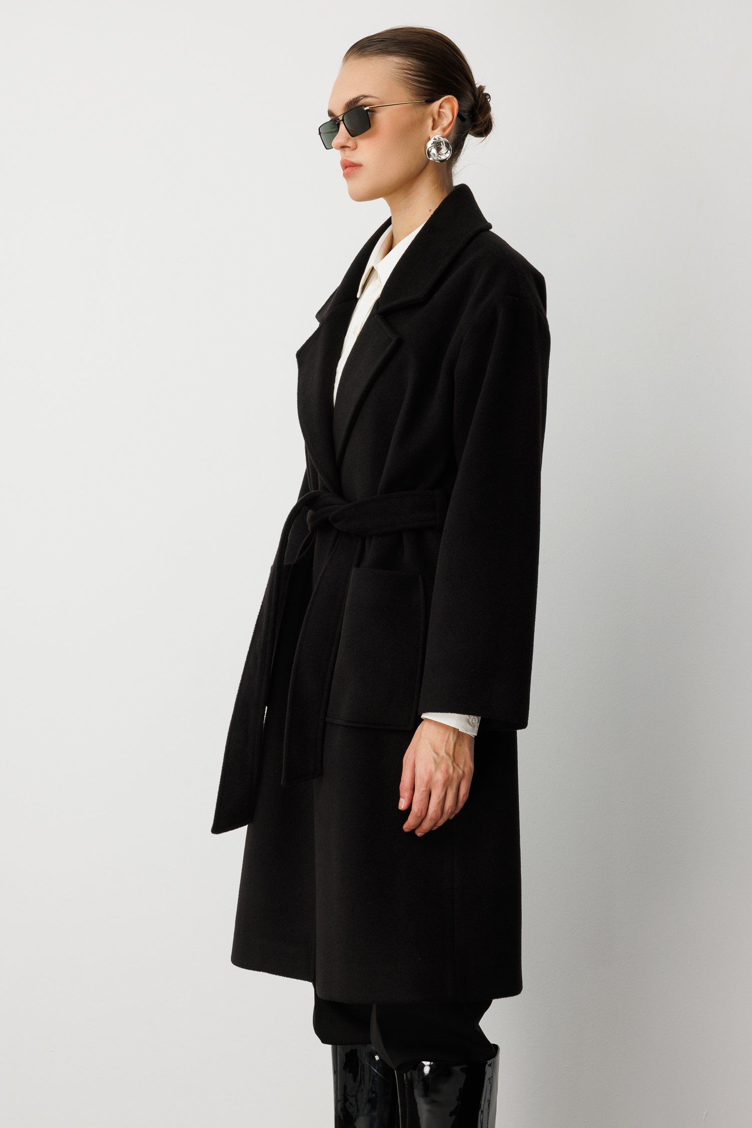 Mizalle Yünlü Kaşe Doku Torba Cepli Basic Siyah Kaban - Mizalle