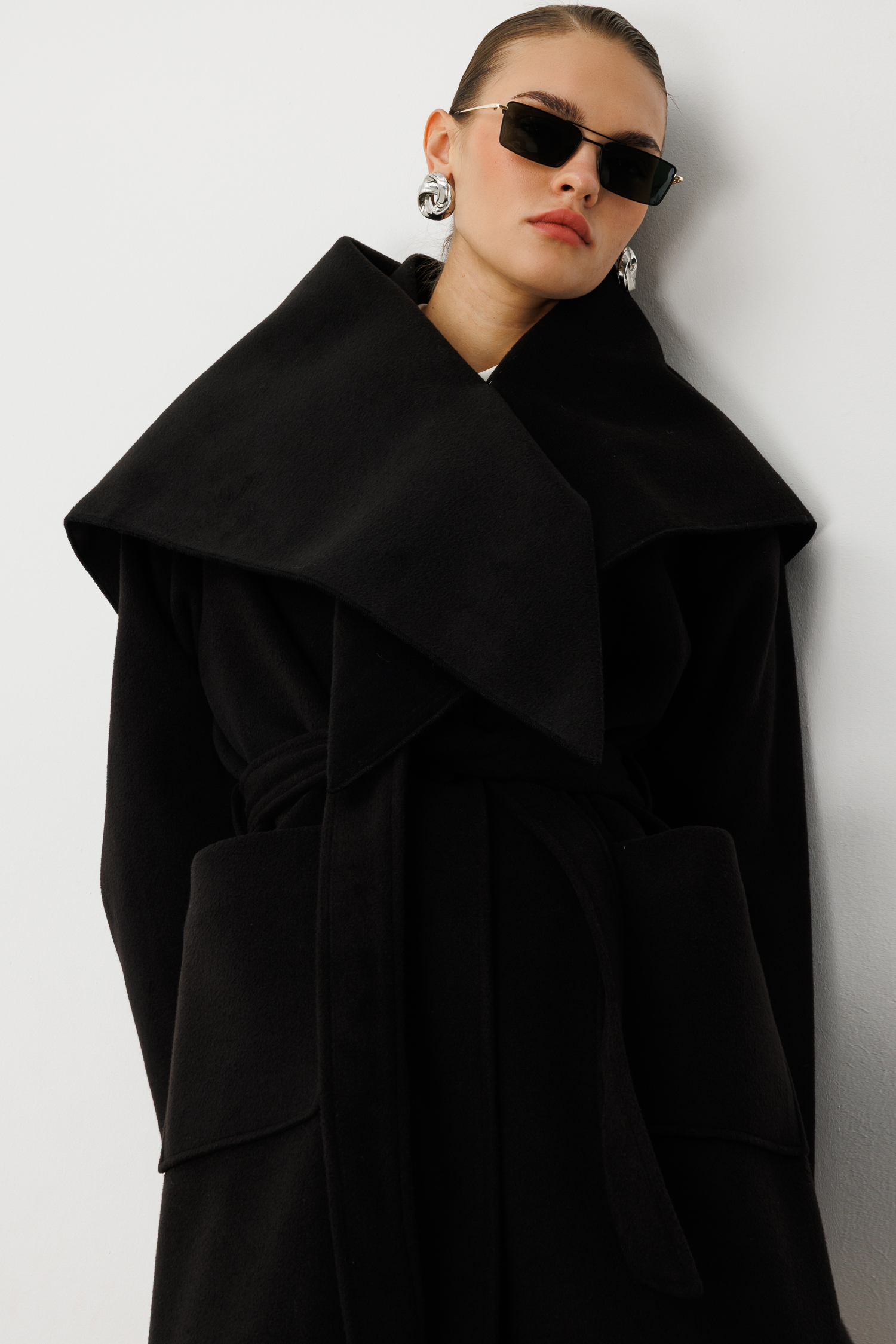 Mizalle Yünlü Kaşe Doku Torba Cepli Basic Siyah Kaban - 6