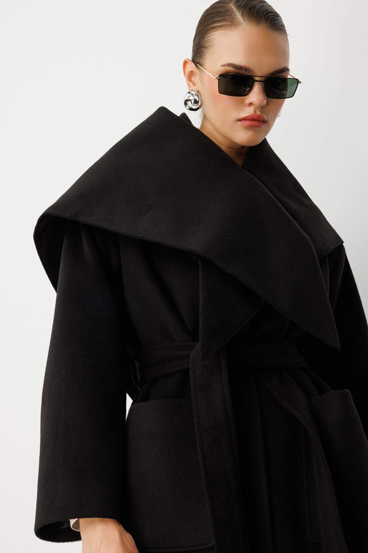 Mizalle Yünlü Kaşe Doku Torba Cepli Basic Siyah Kaban - 8