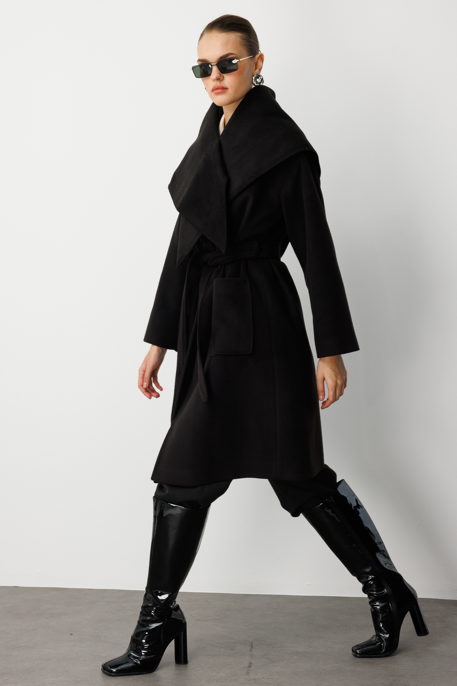 Mizalle Yünlü Kaşe Doku Torba Cepli Basic Siyah Kaban - 9