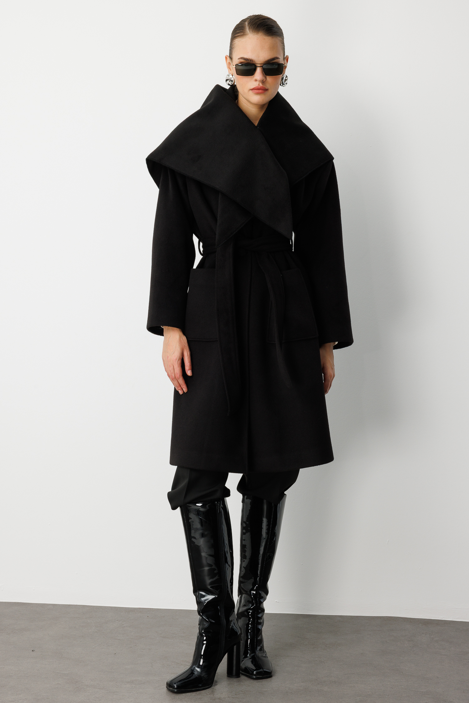 Mizalle Yünlü Kaşe Doku Torba Cepli Basic Siyah Kaban - 11