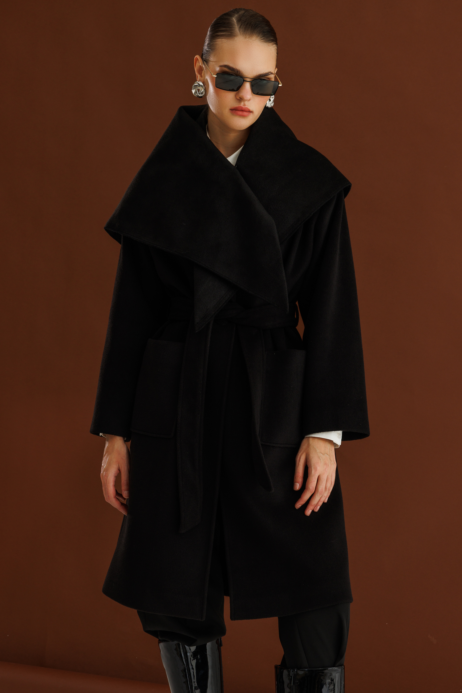 Mizalle Yünlü Kaşe Doku Torba Cepli Basic Siyah Kaban - 12