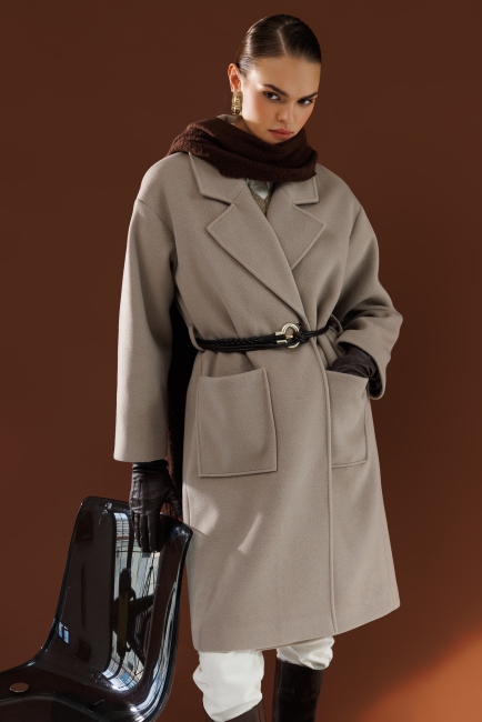 Mizalle - Mizalle Yünlü Kaşe Doku Torba Cepli Basic Vizon Rengi Kaban