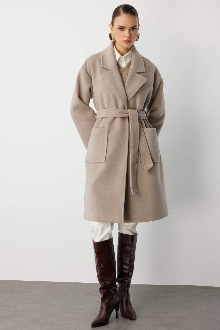 Mizalle Yünlü Kaşe Doku Torba Cepli Basic Vizon Rengi Kaban - Mizalle