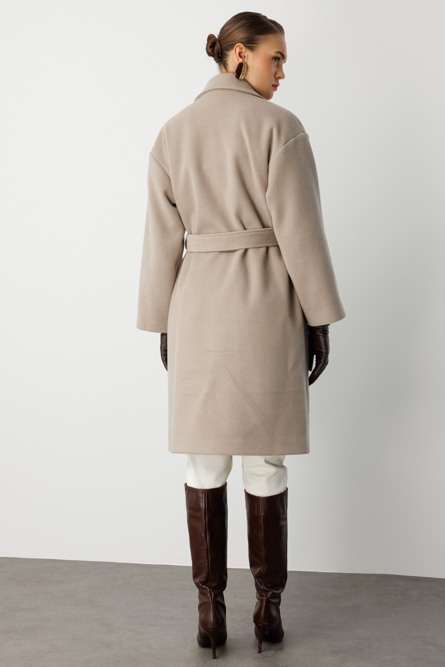 Mizalle Yünlü Kaşe Doku Torba Cepli Basic Vizon Rengi Kaban - 6