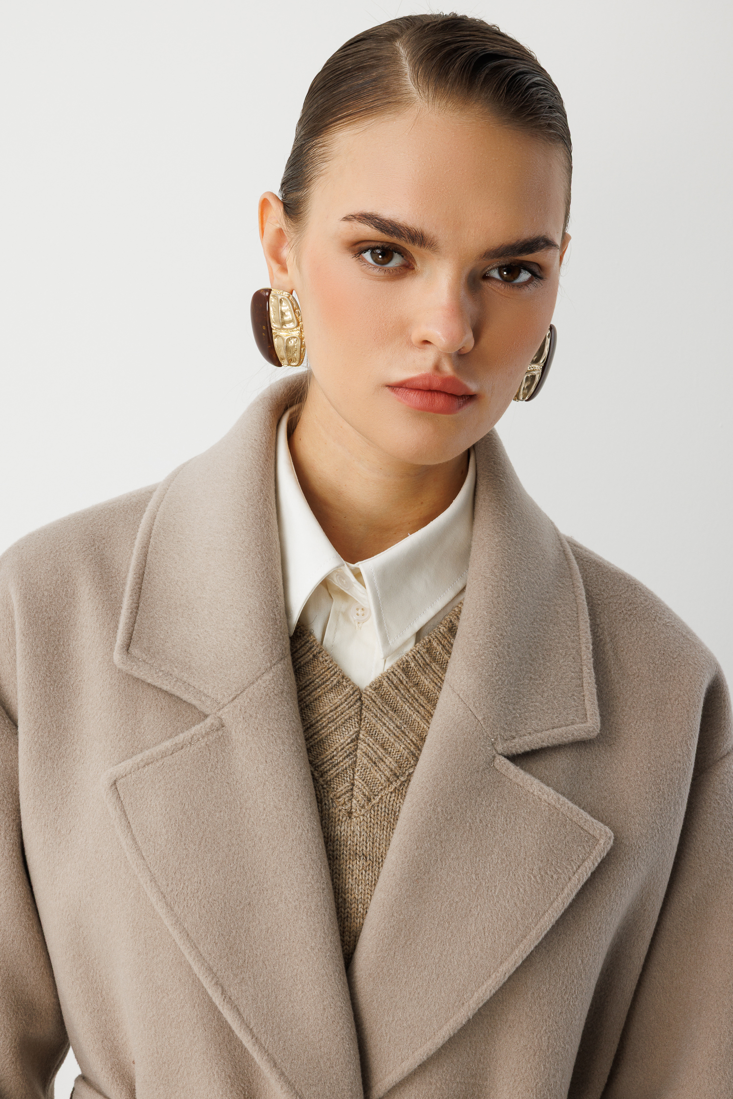 Mizalle Yünlü Kaşe Doku Torba Cepli Basic Vizon Rengi Kaban - 7