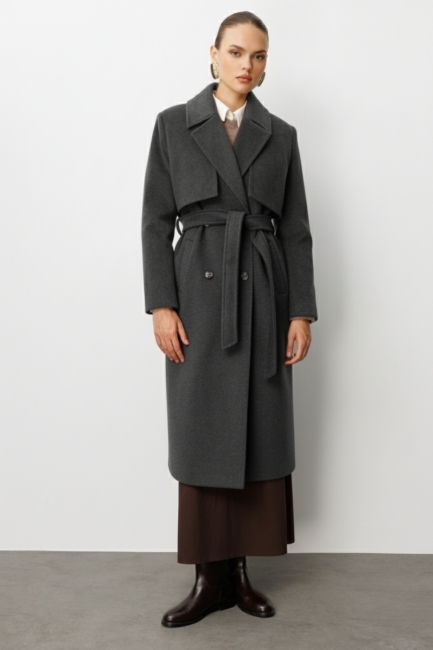 Mizalle - Mizalle Yünlü Kaşe Dokulu Antrasit Uzun Trençkot Kaban