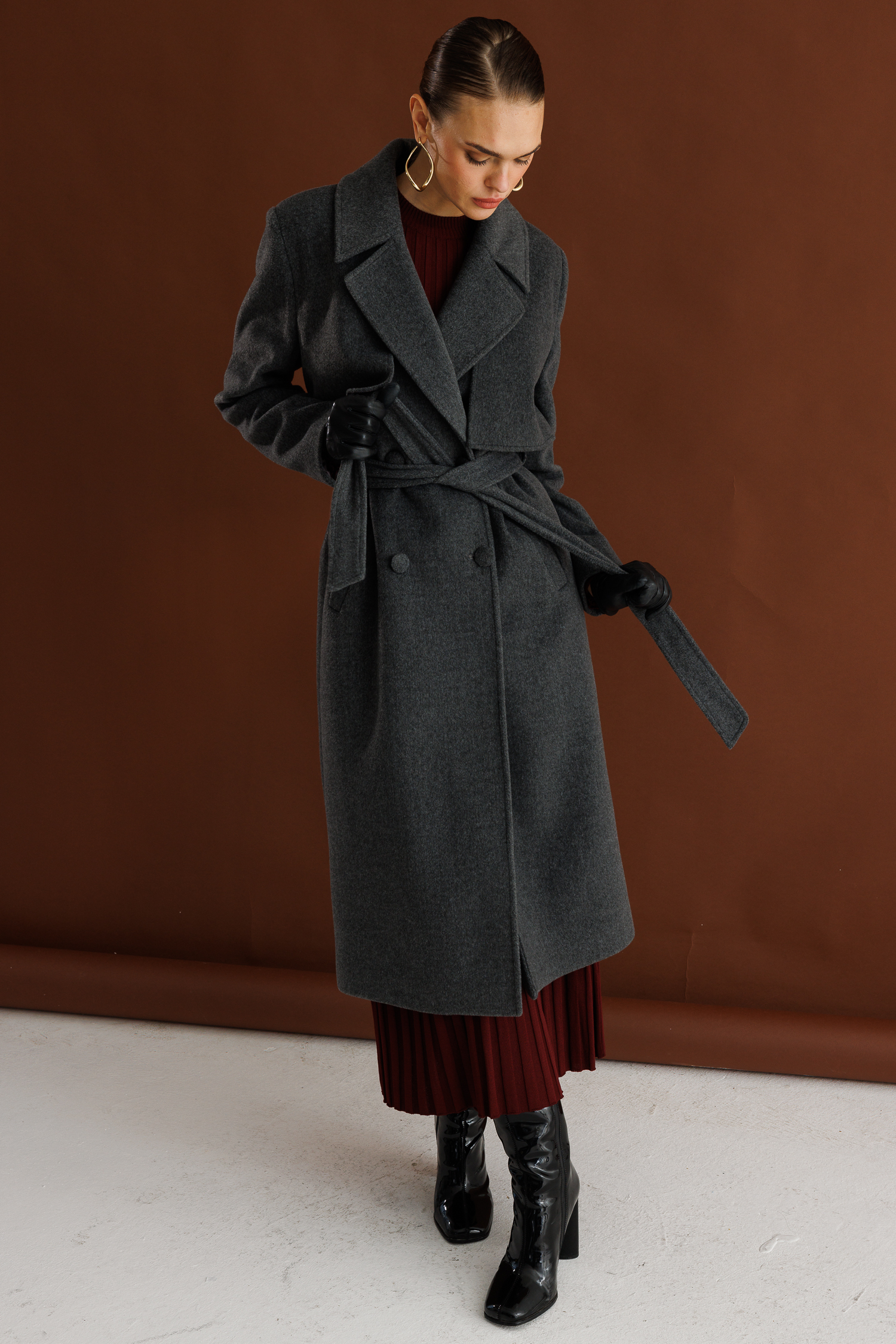 Mizalle - Mizalle Yünlü Kaşe Dokulu Antrasit Uzun Trençkot Kaban