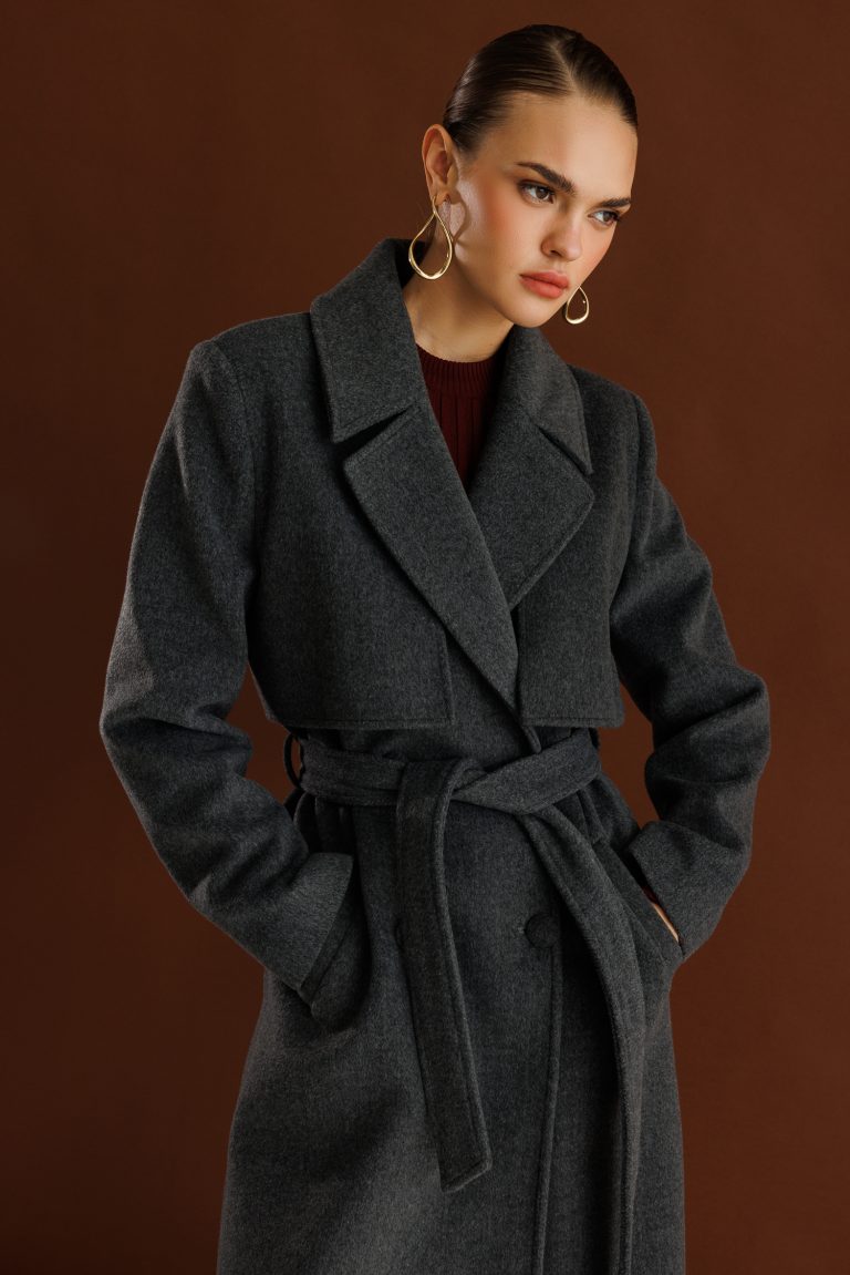 Mizalle Yünlü Kaşe Dokulu Antrasit Uzun Trençkot Kaban - Mizalle
