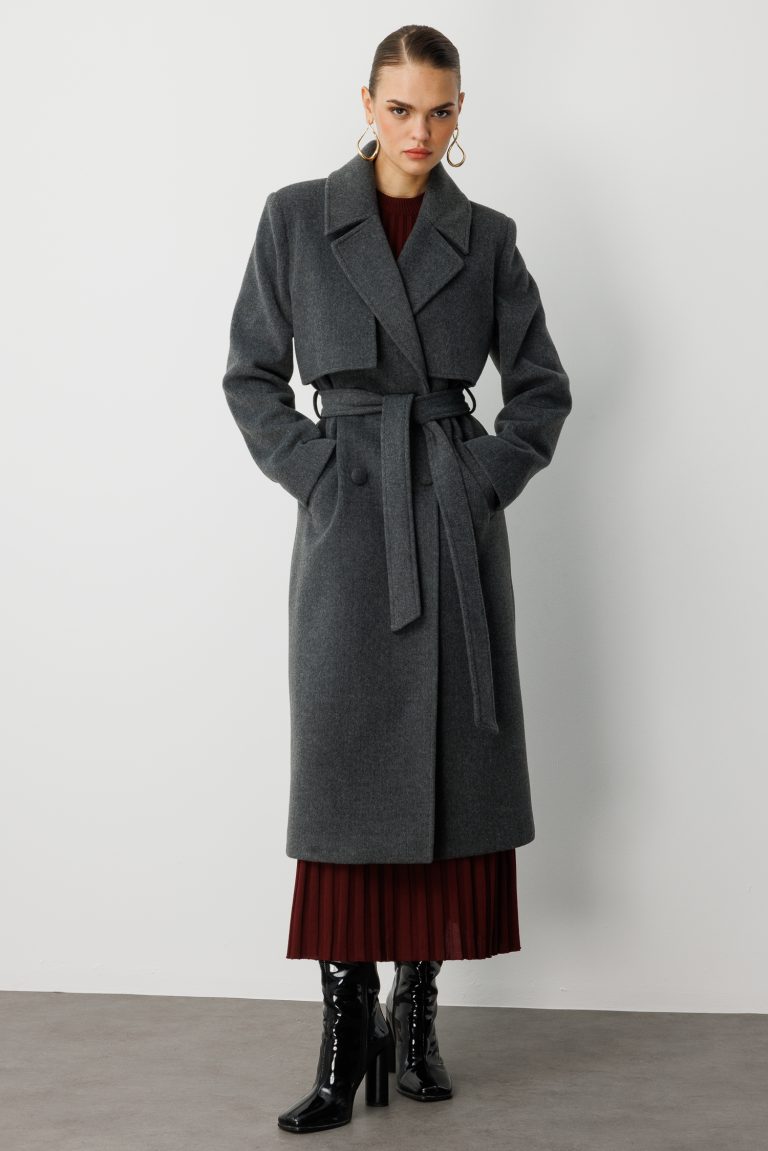 Mizalle Yünlü Kaşe Dokulu Antrasit Uzun Trençkot Kaban - Mizalle