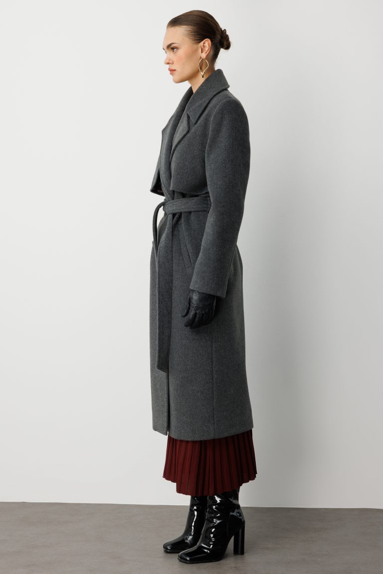 Mizalle Yünlü Kaşe Dokulu Antrasit Uzun Trençkot Kaban - Mizalle