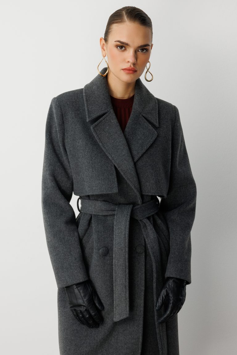 Mizalle Yünlü Kaşe Dokulu Antrasit Uzun Trençkot Kaban - Mizalle