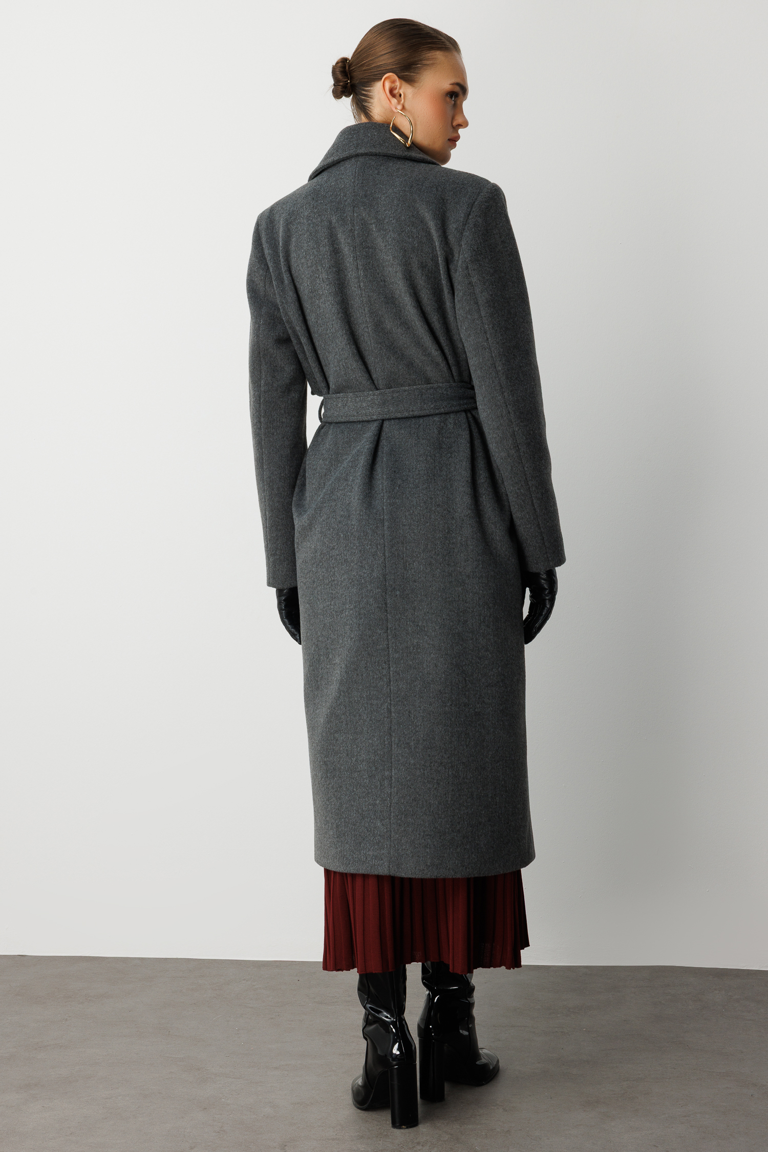 Mizalle Yünlü Kaşe Dokulu Antrasit Uzun Trençkot Kaban - 6