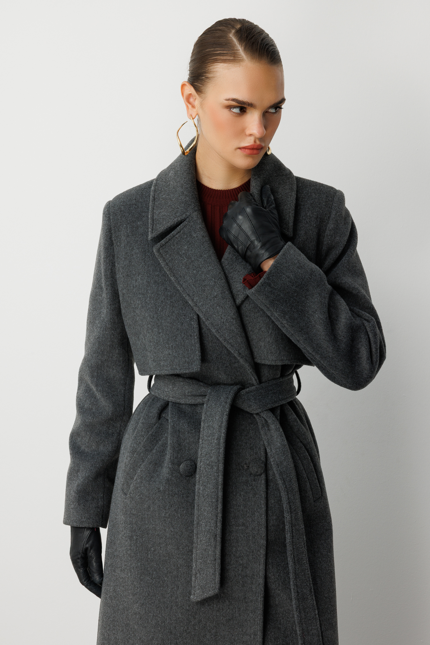 Mizalle Yünlü Kaşe Dokulu Antrasit Uzun Trençkot Kaban - 7