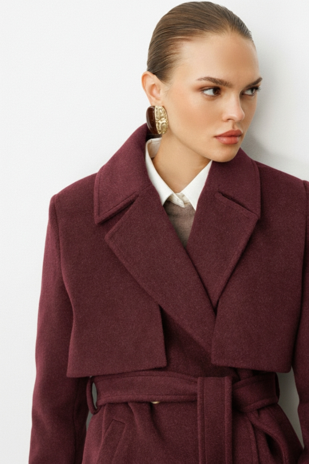 Mizalle Yünlü Kaşe Dokulu Mürdüm Rengi Uzun Trençkot Kaban