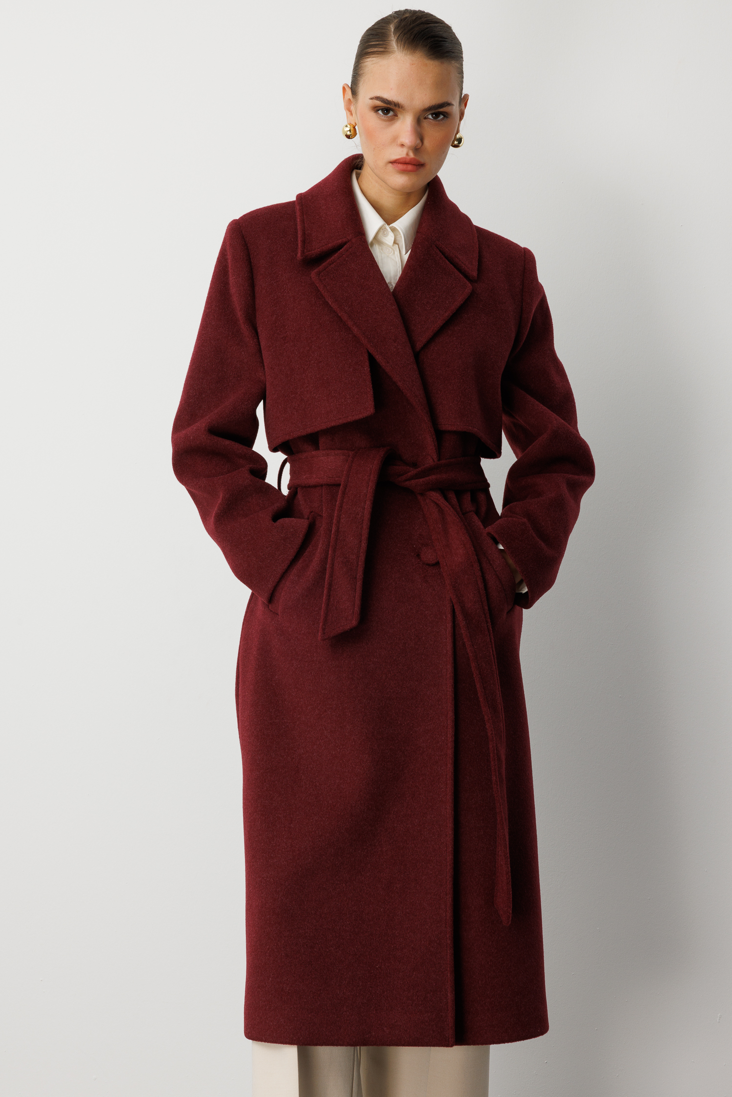 Mizalle Yünlü Kaşe Dokulu Mürdüm Rengi Uzun Trençkot Kaban - Mizalle