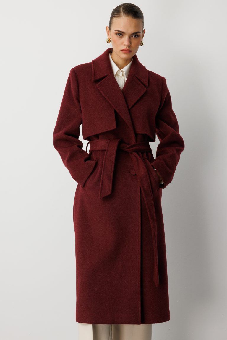 Mizalle Yünlü Kaşe Dokulu Mürdüm Rengi Uzun Trençkot Kaban - Mizalle