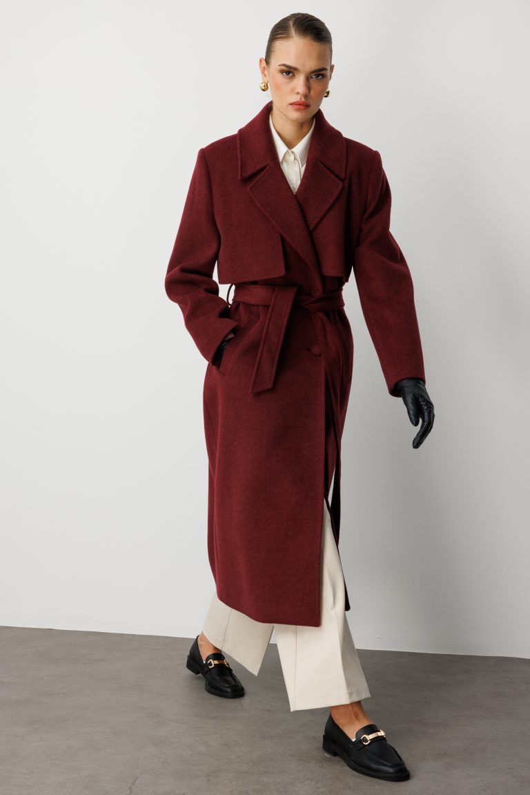 Mizalle Yünlü Kaşe Dokulu Mürdüm Rengi Uzun Trençkot Kaban - Mizalle